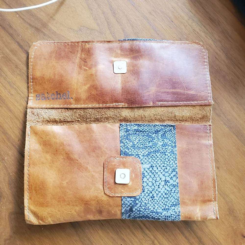 Custom Hand Made Satchel Savannah GA Leather Clutch Wallet with Blue Bow Accent